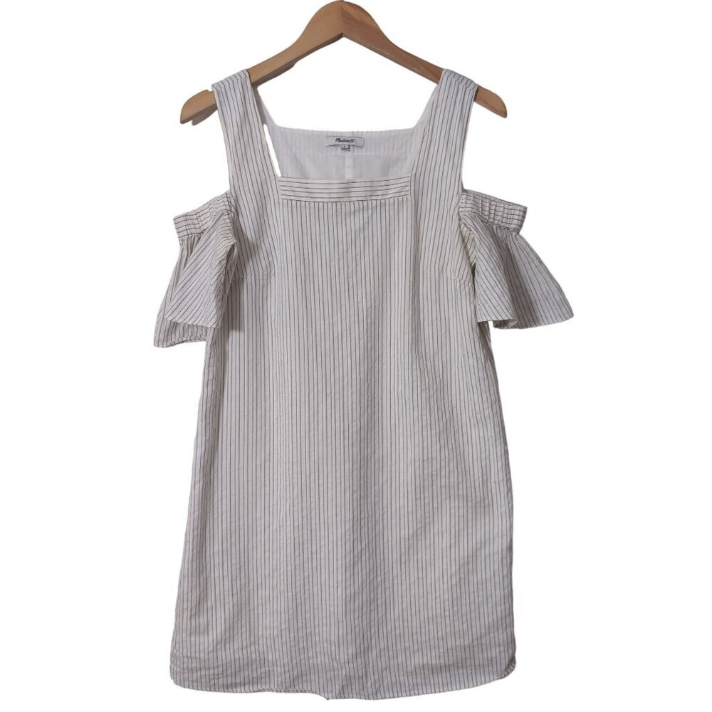 Madewell Cold Shoulder Shift Dress Womens 6 White Gray Pinstripe Casual Preppy